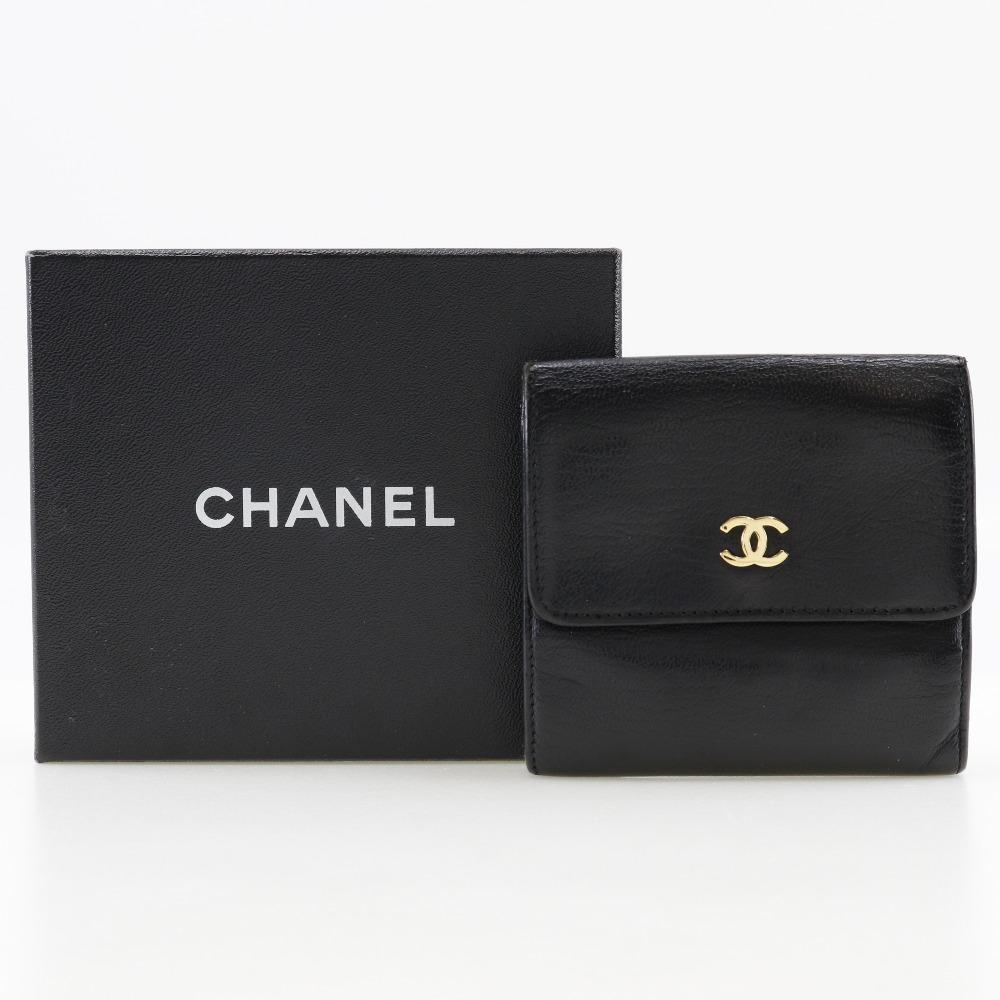 Chanel COCO Mark Bi-Fold Wallet A13456 Double Sided Black Calfskin Women Used