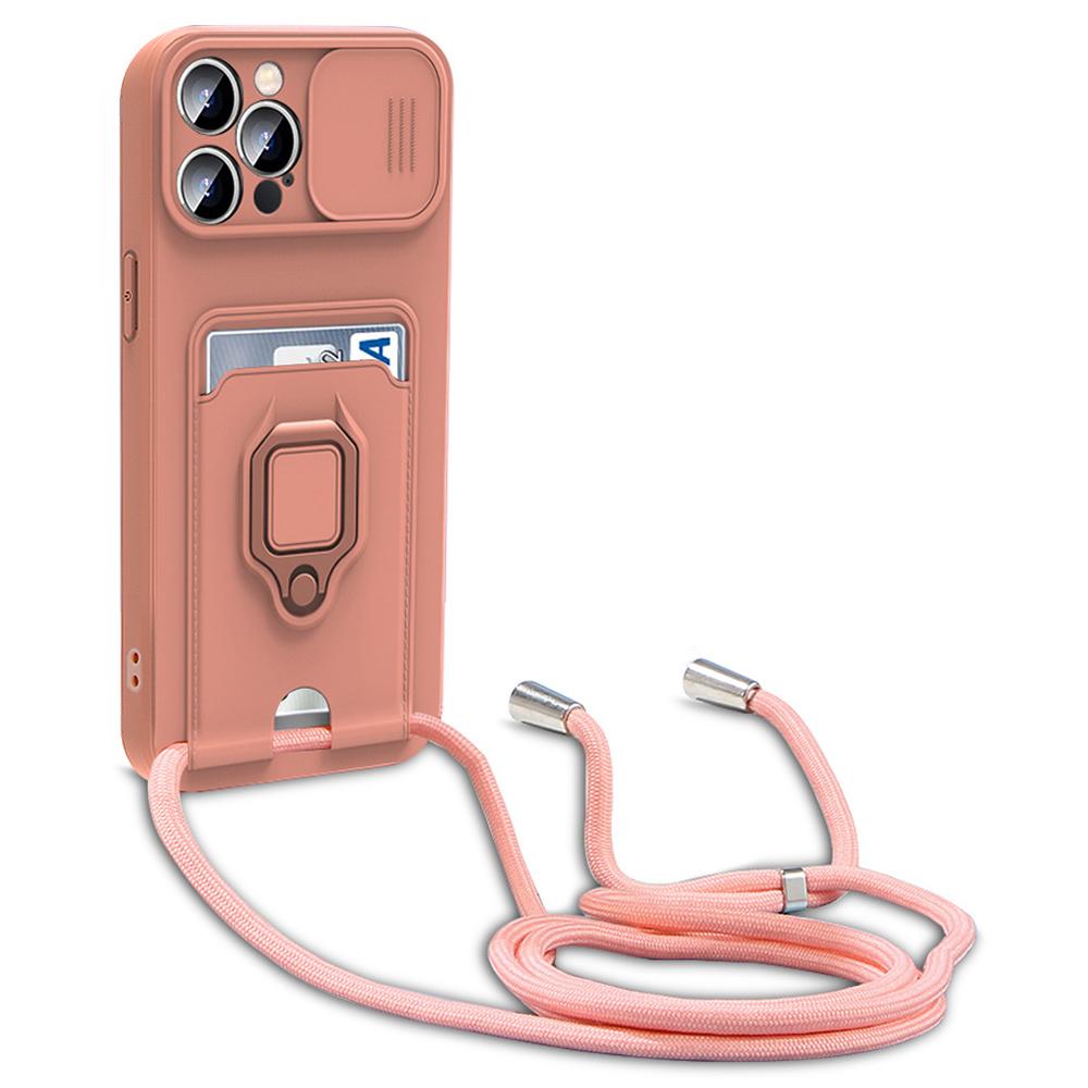 For iPhone 15 Pro Max Case Card Holder PC + TPU Phone Kickstand Cover with Lanyard