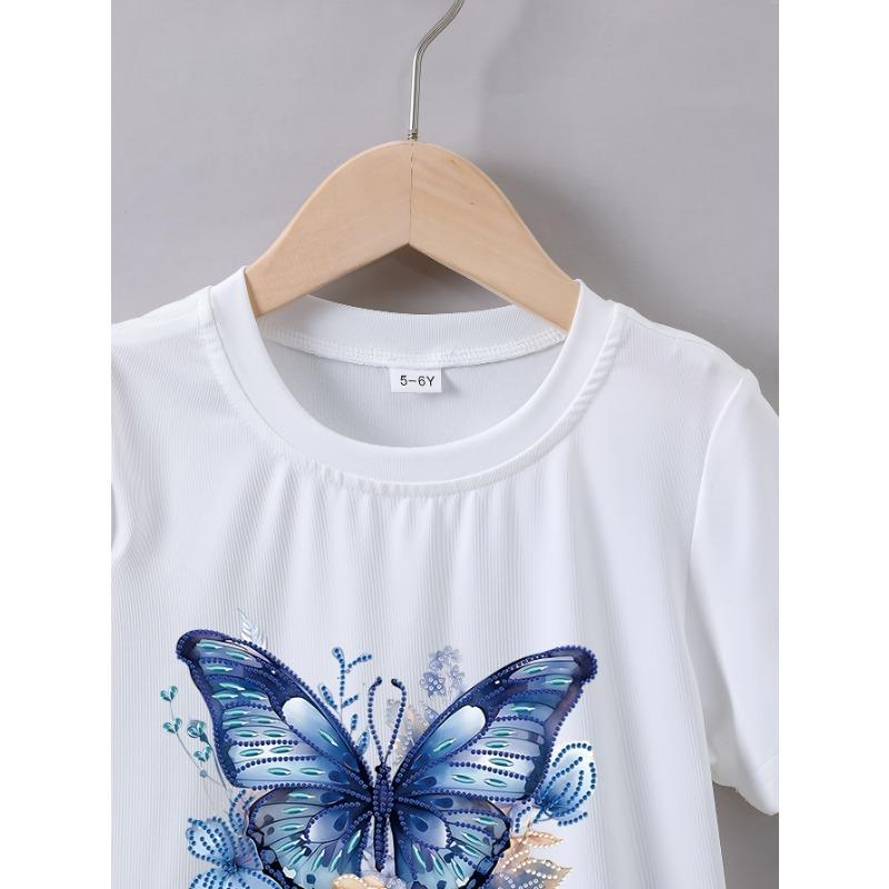 Tailles européennes Impression graphique Papillon T-shirts Créatifs Doux & Élastique Confortable Col rond Manches courtes T-shirt Hauts d'été pour filles