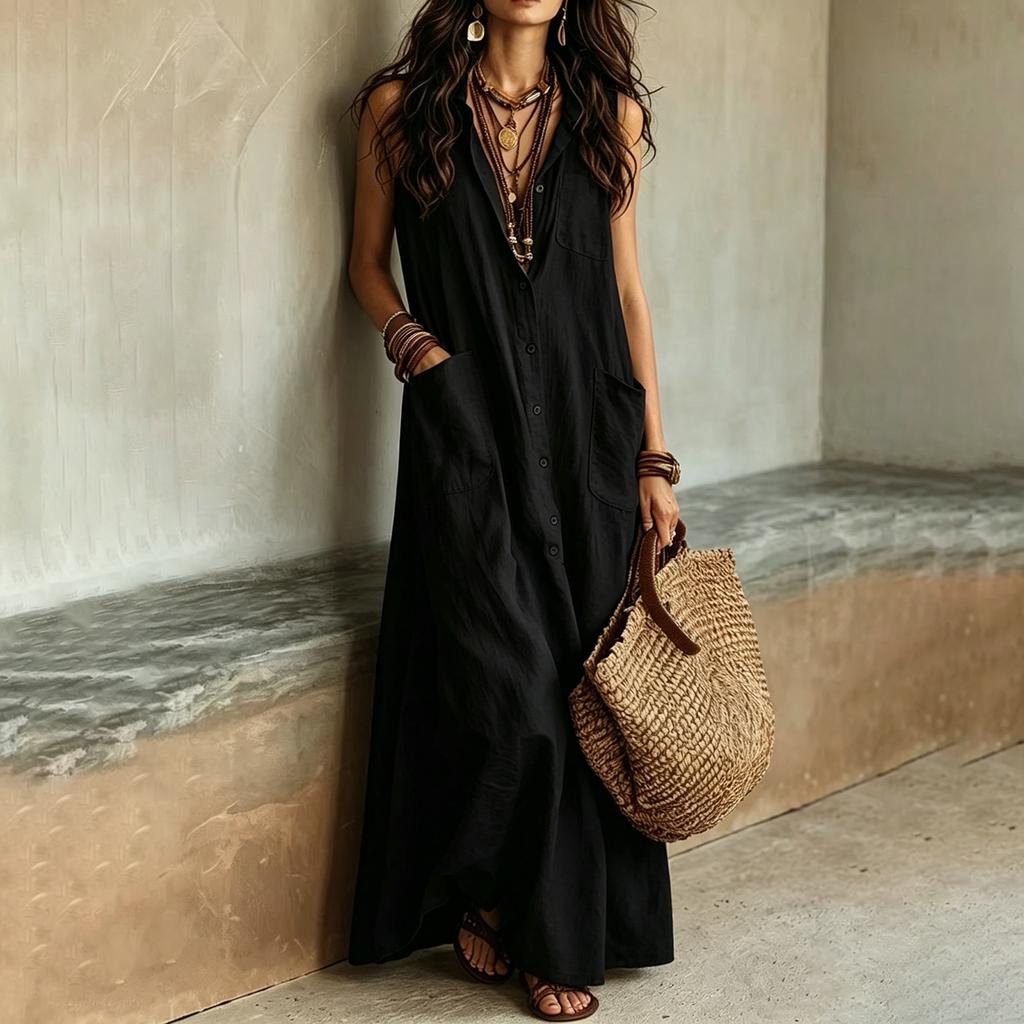 Women Sleeveless Bohemian Button Down Pocket Casual Long Shirt Dress Lightweight Loose Fit Summer Maxi Dress