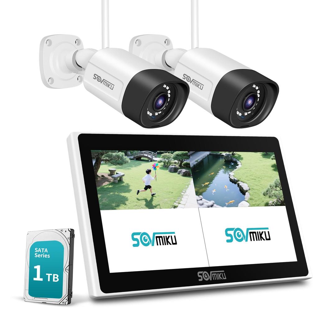 Sovmiku Wireless Security Camera with Audio and 1TB 5MP Wireless Camera Set and 1TB Expandable to 10 IP66 AI Motion Security 5MP and 1TB Two-Way