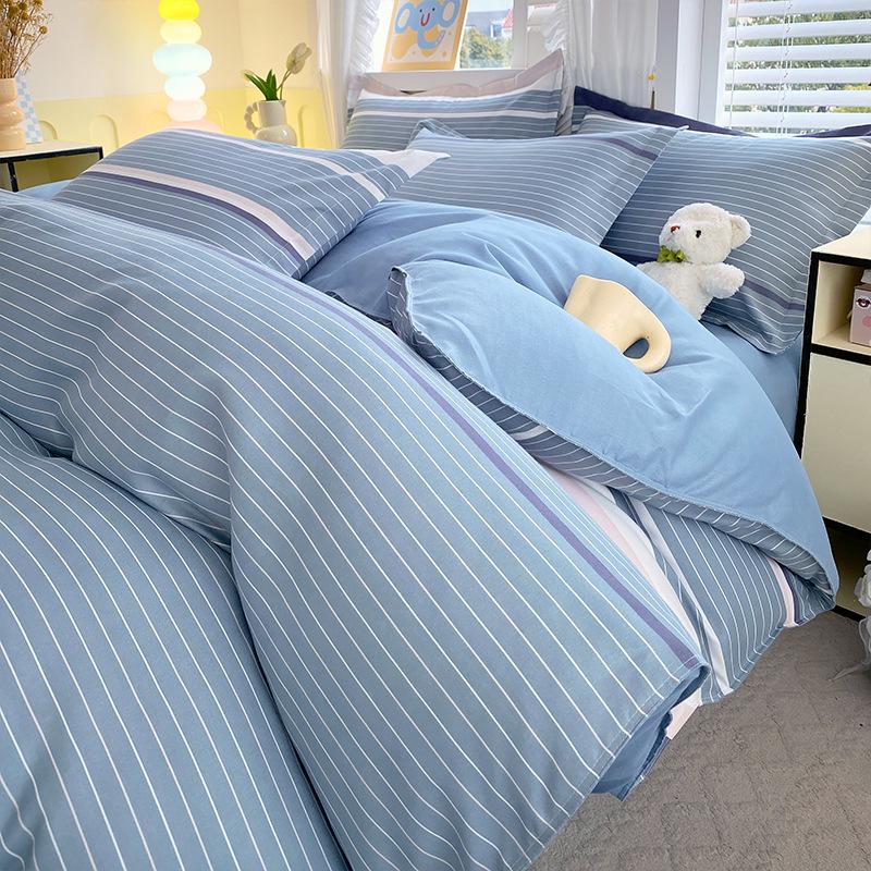 Muji Japanese Washed Cotton Flannel Plaid Bedding Set - 4 Pieces, Good Quality, Student Dormitory Style
