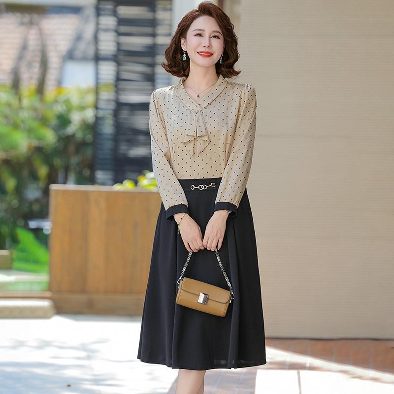 Trendy Autumn Long-Sleeve Fake Two-Piece Dress for Middle-Aged Women 2025