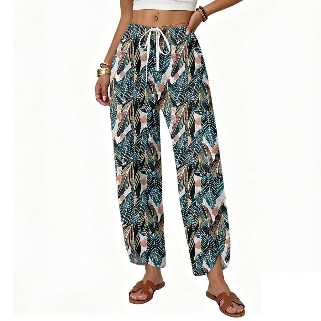 Women's Casual Straight Wide Leg Button Print Pattern Pants for Everyday Wear