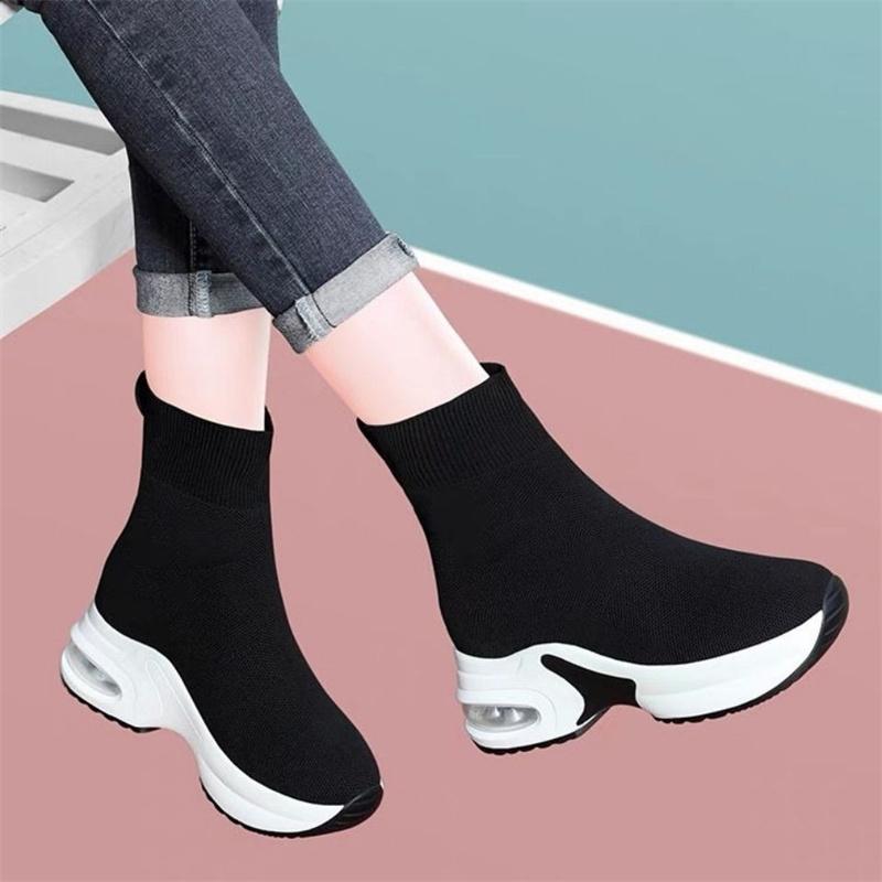 Inner Height Socks Black Shoes Women Fall Korean Version Thick Bottom High Top Boots Knitted Elastic Thin Socks Boots