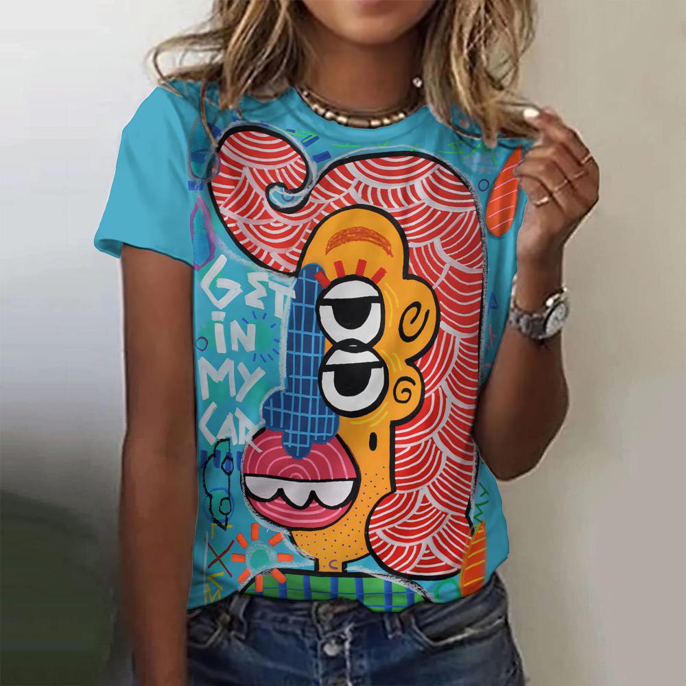 Letní dámské tričko Abstraktní kreslený potisk Tričko Harajuku Vintage Krátký rukáv Kulatý výstřih Top Nadměrné Dámský design Oblečení