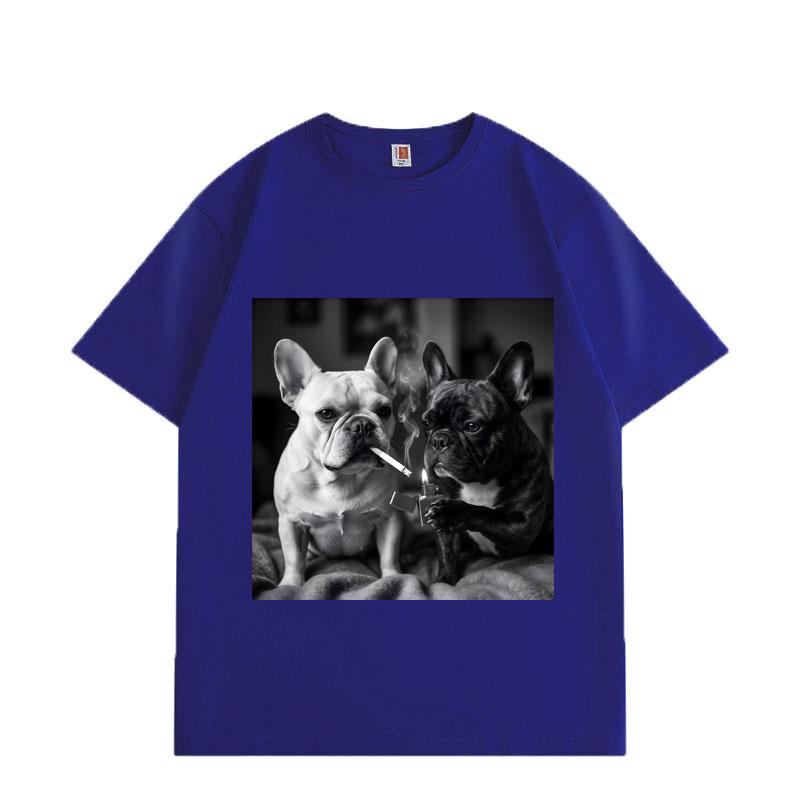 French Bulldog Smoking Funny Meme Graphic T Shirts Men Women Fashion Vintage Short Sleeve T-shirt Summer Cotton T-shirts