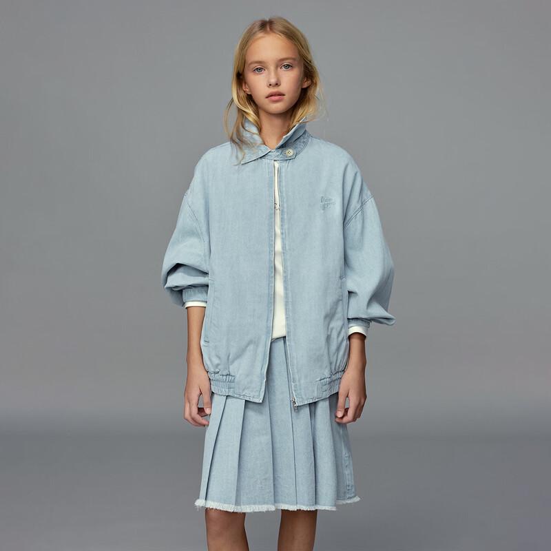 ELLE KIDS Girls' Light Denim Frayed Pleated Skirt
