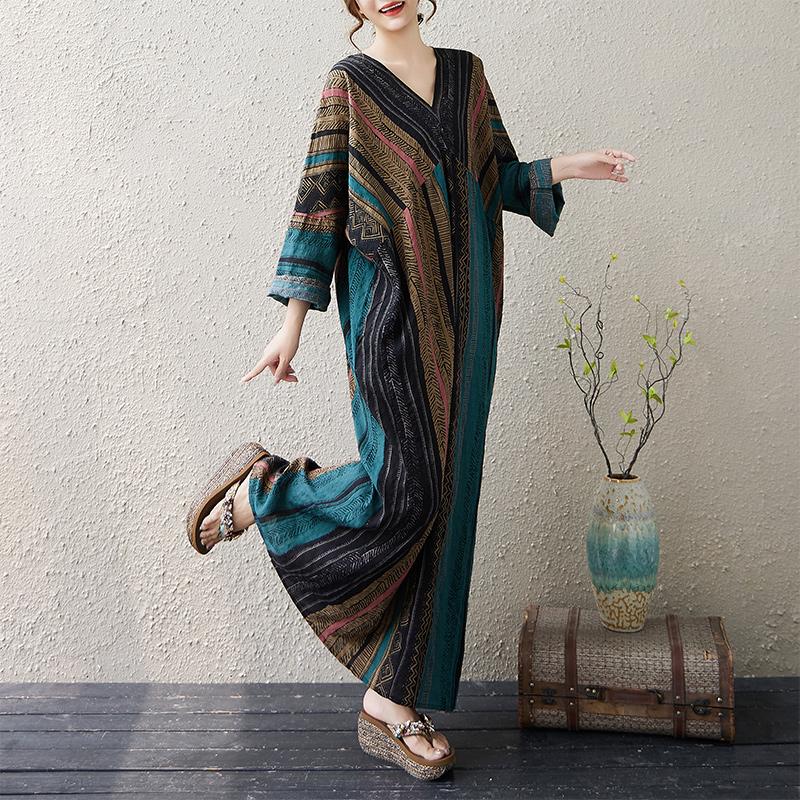 Dimanaf 2025 Dame Pluss Størrelse Vår Lang Kjole Løs Basic Trykk Vintage Casual Blomstret Oversize Langermet Maxi