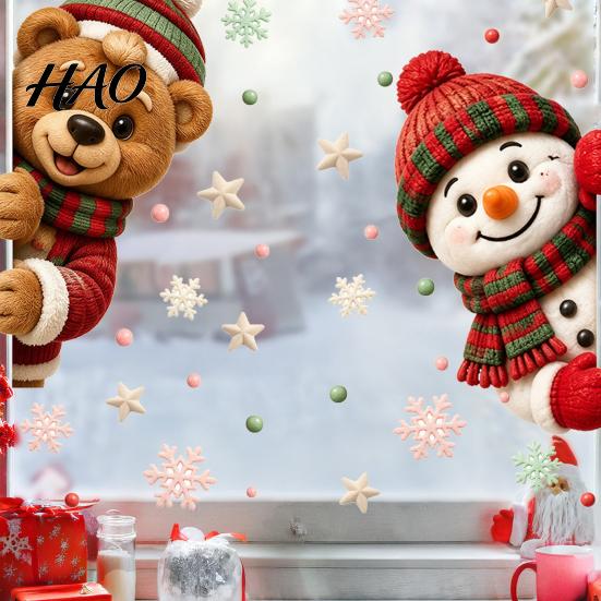 Removable Vinyl Decals 2Pcs Christmas Window Clings, Cute Bear Snowman Static Decals, 16" x 12" Festive Stickers for Glass Doors Home Shop Decoration
