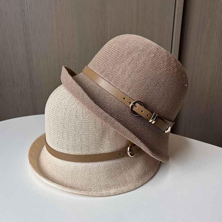 Spring and summer knitted thin belt buckle top hat British retro travel sunscreen sun hat fashion versatile basin hat