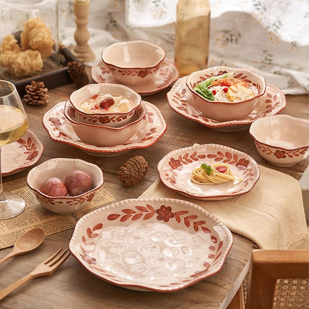 Vajilla Francesa Bol de Arroz Set de Platos para el Hogar Bol Plato Boda Regalo de Boda Floral Bajo Vidriado Estilo Nórdico