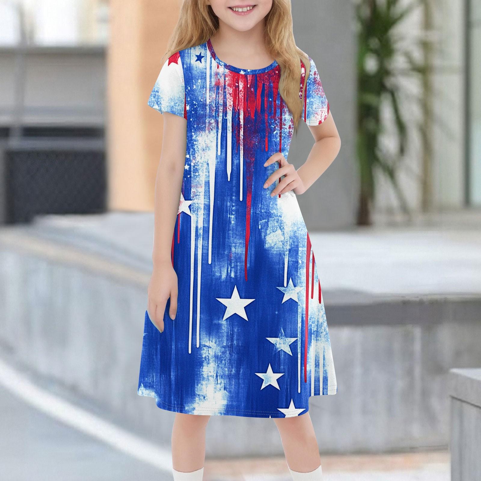 Children s Summer Short-sleeved Casual Fashion Round Neck Dress 160 синий