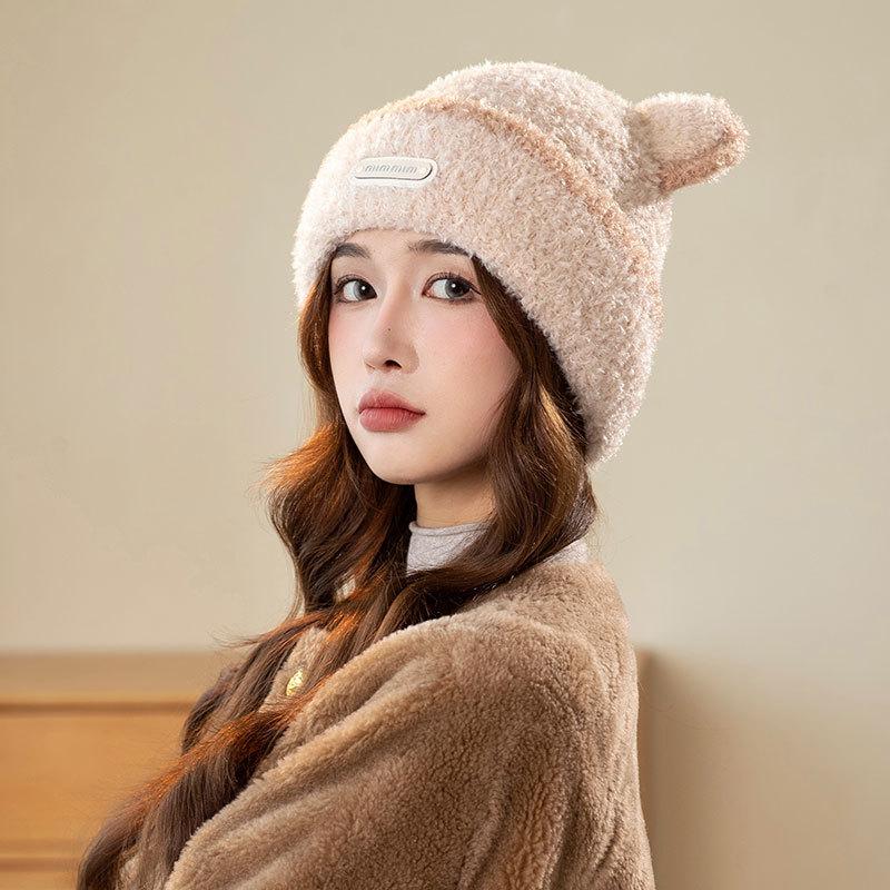 

Модная плюшевая теплая шапка женская зимняя плюшевая толстая велосипедная с защитой ушей шерстяная шапка милая шапка с ушками cold-proof, warm and elastic.