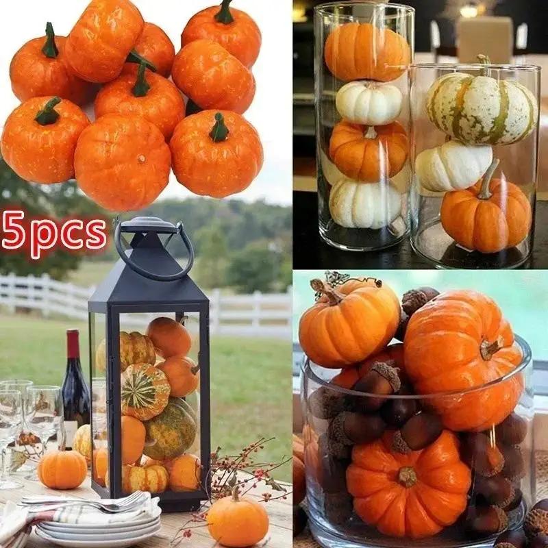 5Pcs Mini Artificial Pumpkins Foam Pumpkins Halloween Decorate Pumpkins Orange Color Suitable Household Festival Party Supplies