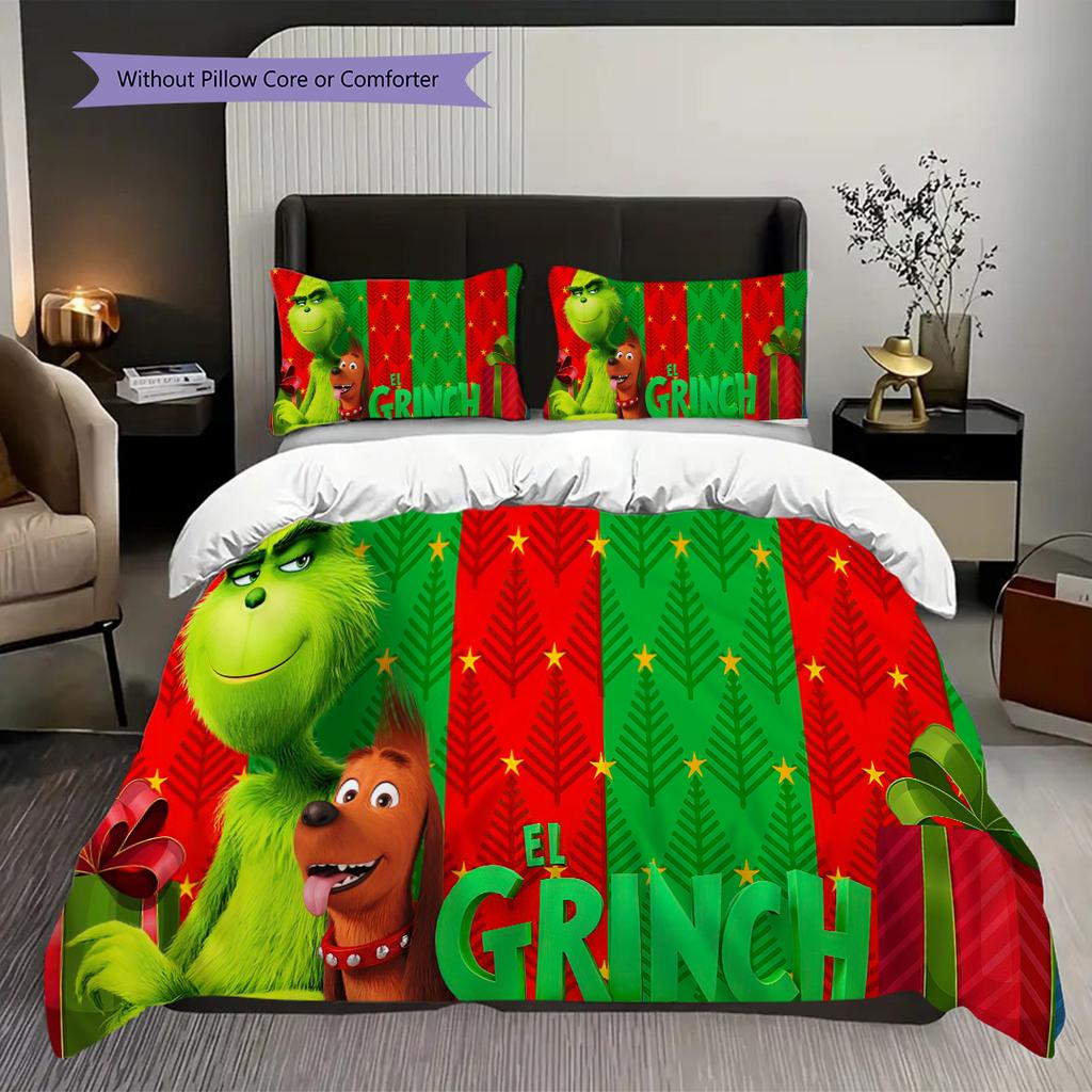 1 ST Grinch patroon Beddengoed Dekbed Set Dekbedovertrek Kussensloop Huisdecoratie Verjaardagscadeau (1 dekbedovertrek + 2 kussenslopen, zonder binnenkussen)