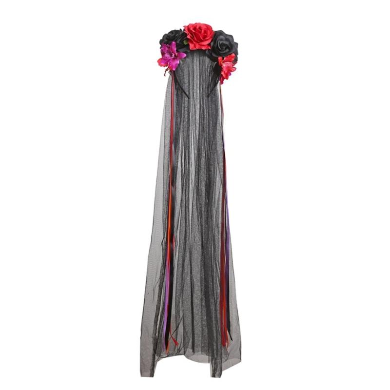 

Gothic Flower Hairband with Veil Ribbon for Women Cosplay Party Costume Day of the Death Headpiece Holiday Accessories