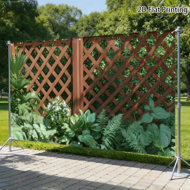 2D Diamond Crisscross Lattice Wood Fence Fern Tropical Greenery Photo Backdrop