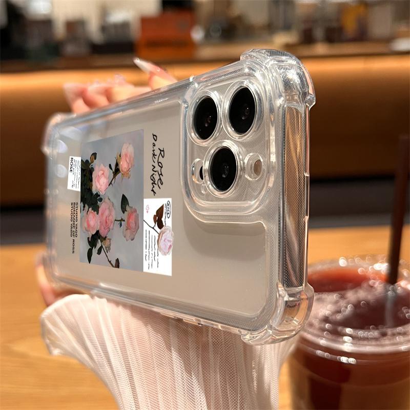 Case For iPhone 16 15 14 13 12 11 Pro Max 7 8 15 16 Plus X XR XS Max SE Cute Rose Flower Transparent Silicone Soft Cover