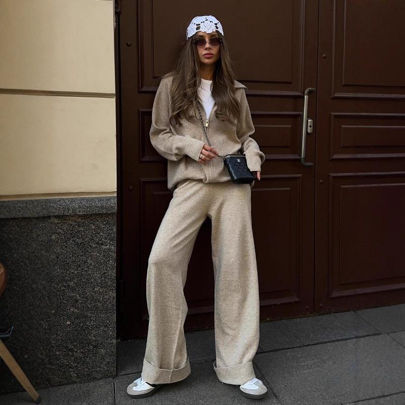 Womens Casual Knit Zip Cardigan Wide Leg Pants Two Piece Set