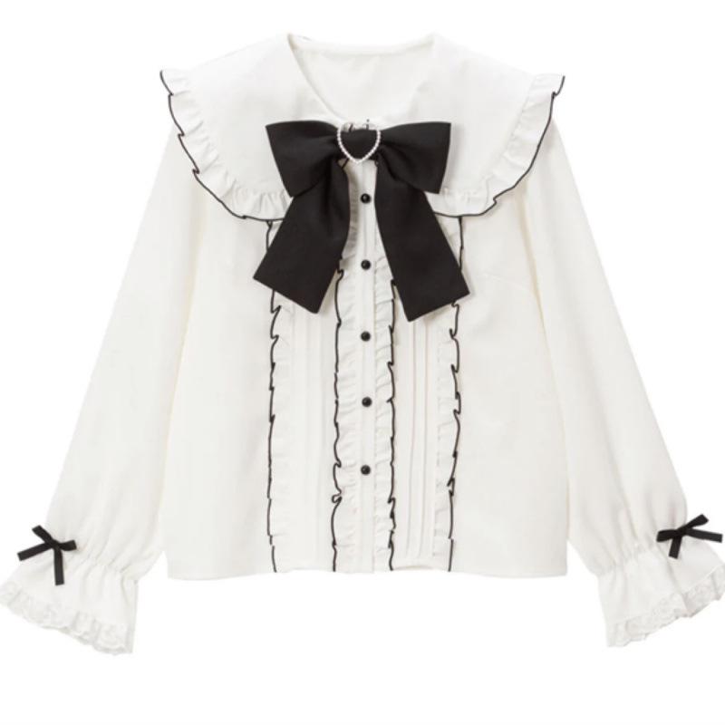 Cross-Border Europe Cute Versatile Japanese Style Bow Long Sleeve Ruffle Shirt for Women