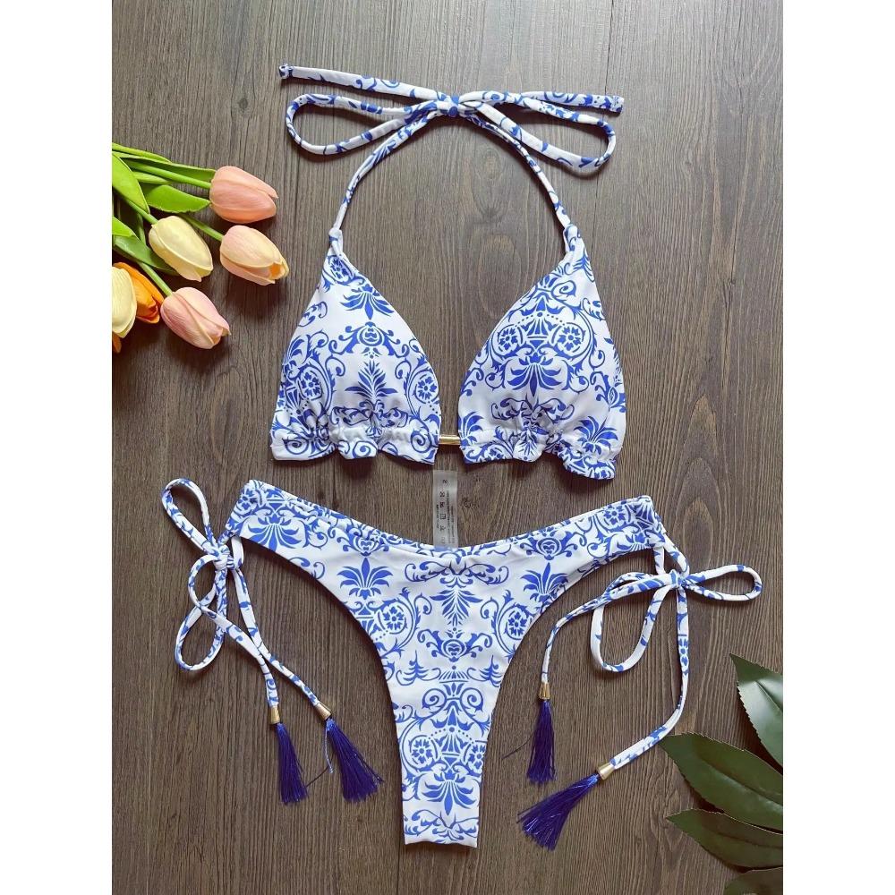 

Sexy Women Swimsuit Blue and White Print Bikini Set Triangle Bathing Suit Halter Swimwear Bandage Brazilian Biquinis L