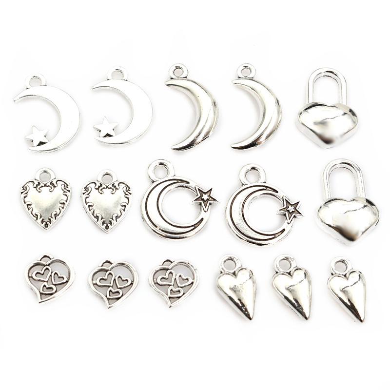 40pcs Antique Silver Plated Moon Heart Small Charms Pendant DIY Handmade Jewelry Findings for Bracelet Necklace Accessories