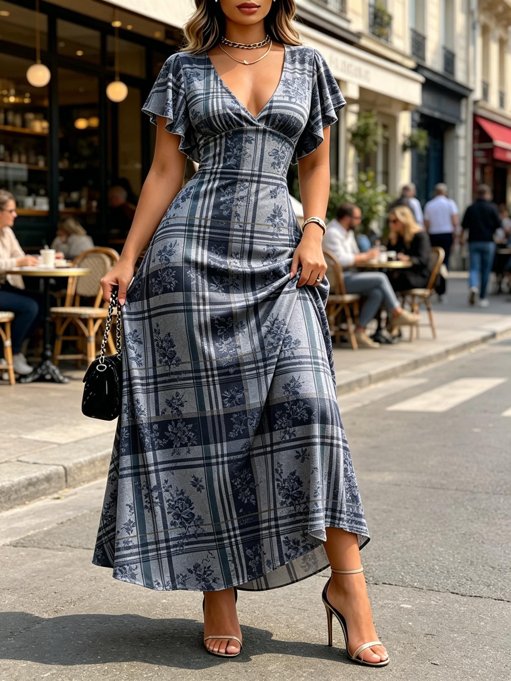 Women Plaid Floral Print Maxi Dress V Neck Flutter Sleeve Summer Casual Party Dress XS