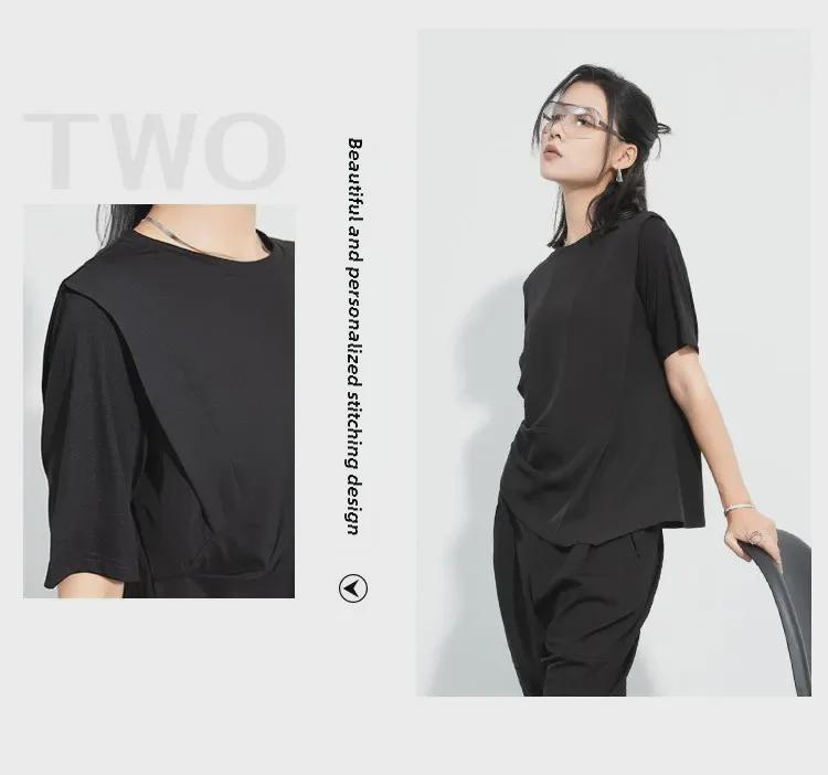 Ciemny Tencel Jedwab Lodowy Asymetryczny Dół Rzymski T-Shirt - Damski Top o Unikalnym Designie