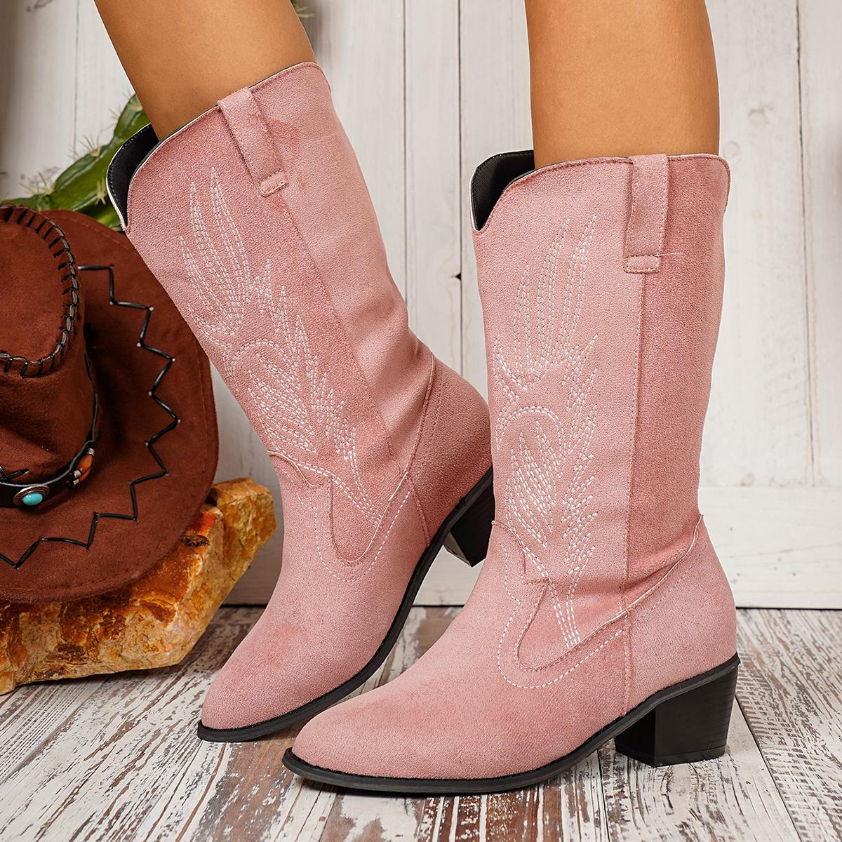

Retro Women s Boots Classic Embroidered Western Cowboy Boot High Quality Suede Mid-calf Boots for Women Knight Boots Botas Mujer 36 рожевий