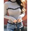 Spring Autumn Women Half High Collar Full Sleeve Ruffles Knitted Sweater Pullover Tops