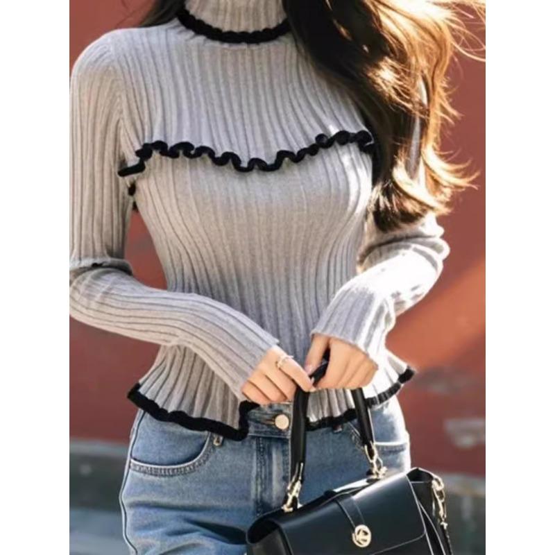 Spring Autumn Women Half High Collar Full Sleeve Ruffles Knitted Sweater Pullover Tops