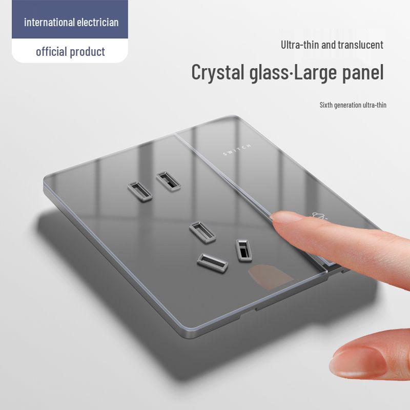 Bardzo cienki panel przełącznika i gniazdka z szarego szkła kryształowego - Typ 86, montaż podtynkowy, zestaw pięciootworowy do użytku domowego.