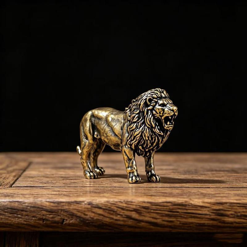Brass Lion Figurine With Vintage Antique Finish And Exquisite Carvings For Home Office Desktop Decor