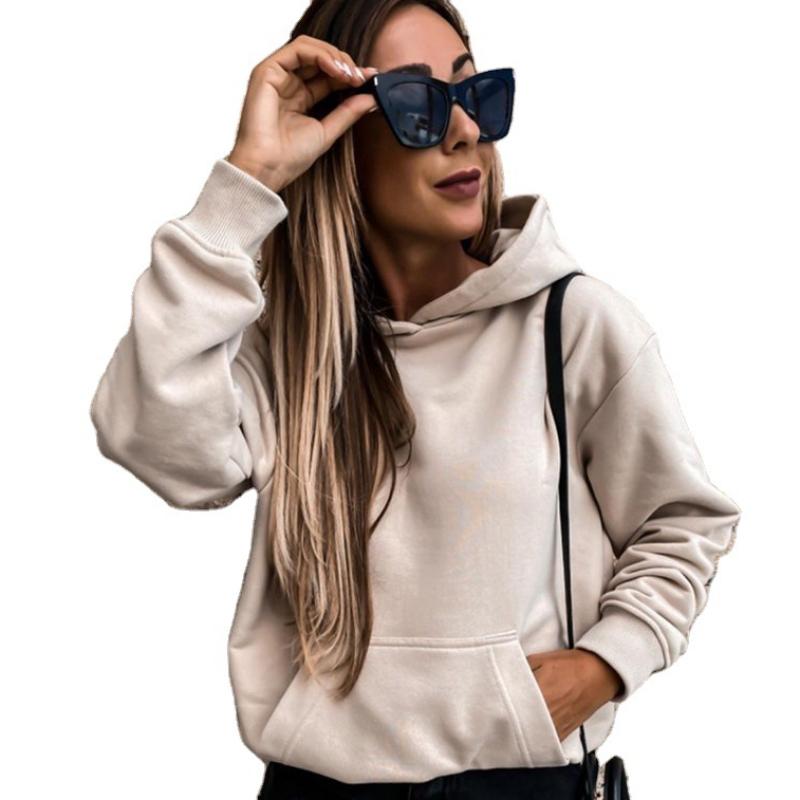 Autumn Winter Women's Fleece Lined Hoodie, Oversized Pullover with Long Sleeves and Solid Color Design, Cozy Warm Sweatshirt for Casual Wear