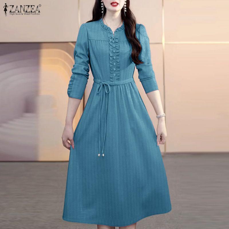 ZANZEA Lässiges, einfarbiges, langärmeliges Kleid mit Rundhalsausschnitt für Damen