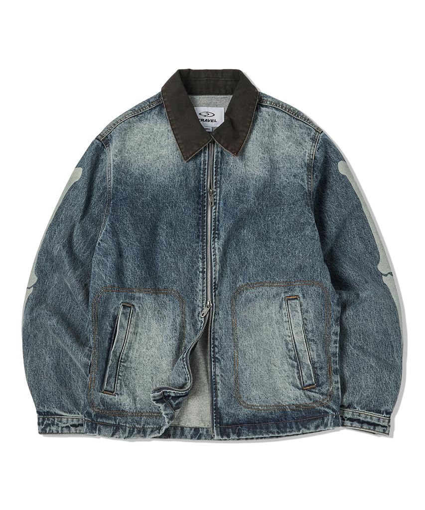 Travel Skeleton Denim Zip-Up Jacket Indigo Blue