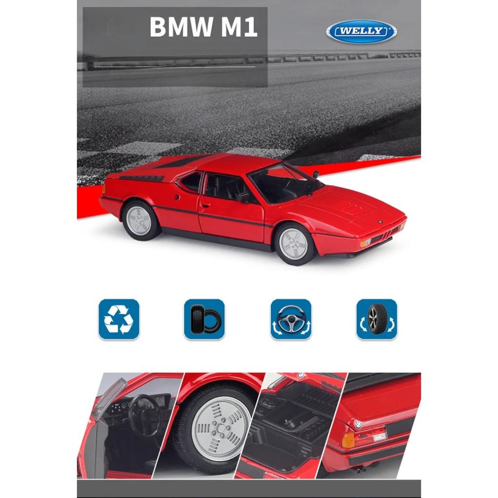 WELLY 1/24 BMW M1 Alloy Classic Sports Car Model Diecast Metal Racing Car Vehicle Model Simulation Collection Childrens Toy Gift
