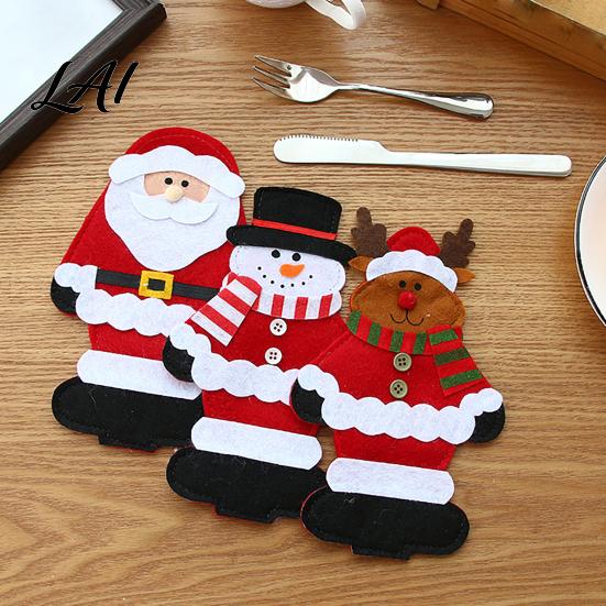 Soft Polyester Utensil Pockets Christmas Cutlery Snowman Reindeer Santa Holder Pockets Tableware Bags Pouch Party
