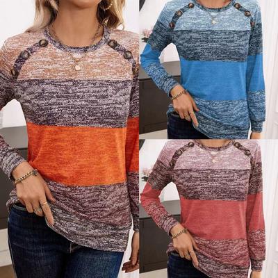 T-shirt da donna a blocchi di colore stampata con bottoni a maniche lunghe e girocollo - Collezione Primavera/Autunno