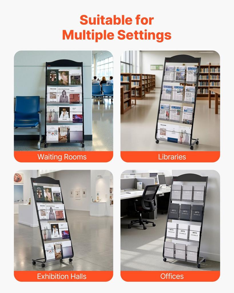 Brochure Display Rack, 4-Tier Magazine Literature Display Stand with Wheels, Movable Floor Standing Magazine Rack, Heavy Duty Newspaper Catalog