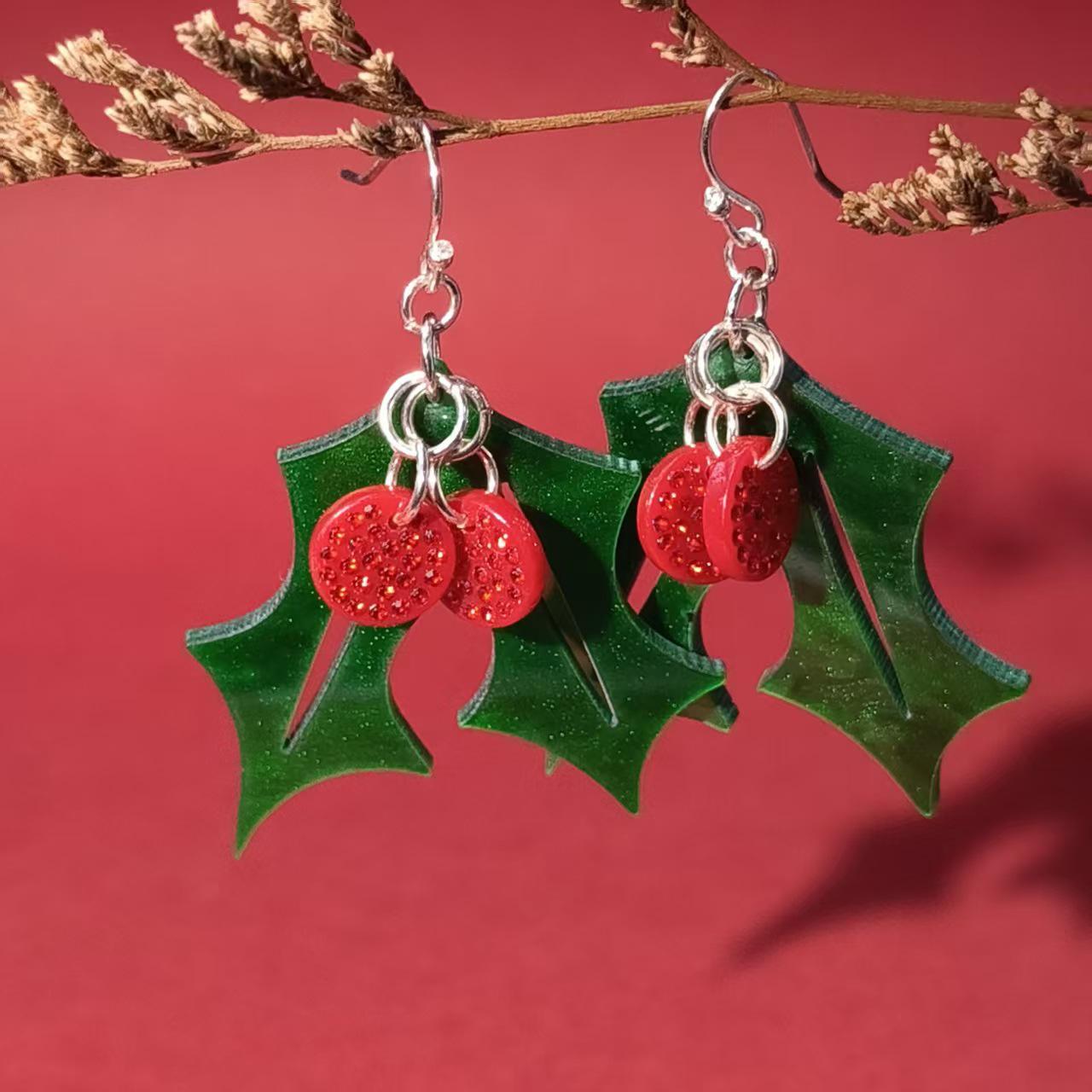 

Red Holly Christmas Tree Stud Earrings - Korean Style Sweet Girlish Heart Dangle for Women & Children
