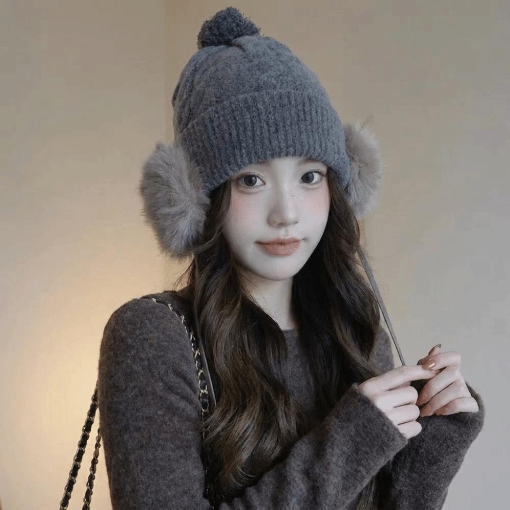 Large Head Circumference Knitted Trapper Hat Plush Wool Cap Pompom Beanie with Earflap  Girls