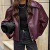 Women Vintage Wine Red Faux Leather Jakcet Fashion Outerwear Zipper Lapel Pu Coats Autumn Winter Streetwear Ladies Short Tops