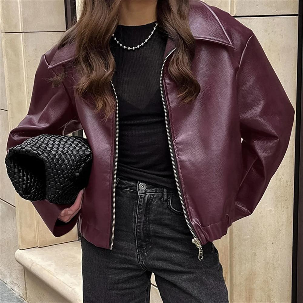 Women Vintage Wine Red Faux Leather Jakcet Fashion Outerwear Zipper Lapel Pu Coats Autumn Winter Streetwear Ladies Short Tops
