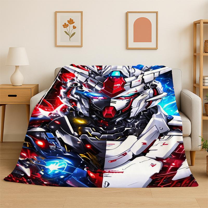 Classic Gundam Cartoon Robot Flannel Blanket Soft Warm Throw Blanket for Bedroom Living Room Bed Travel Camping Picnic Kids