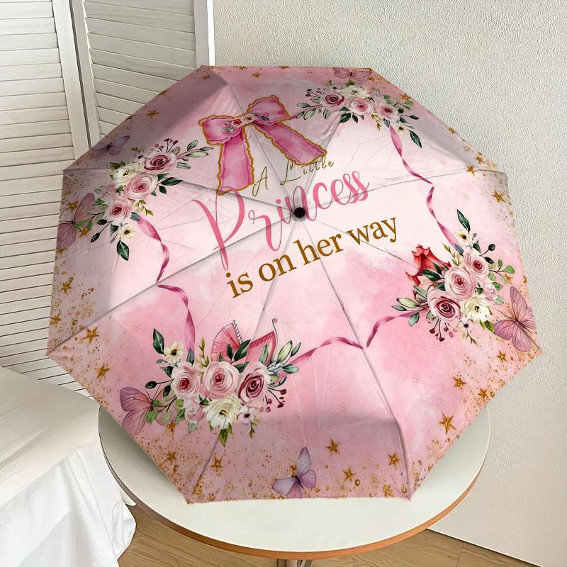 1pc Princess Flowers Automatic Folding Umbrella, Heavy Duty 8 Rib Iron Frame,  Suitable for Travel, Daily Use, Birthday, Decor Gift M0104039