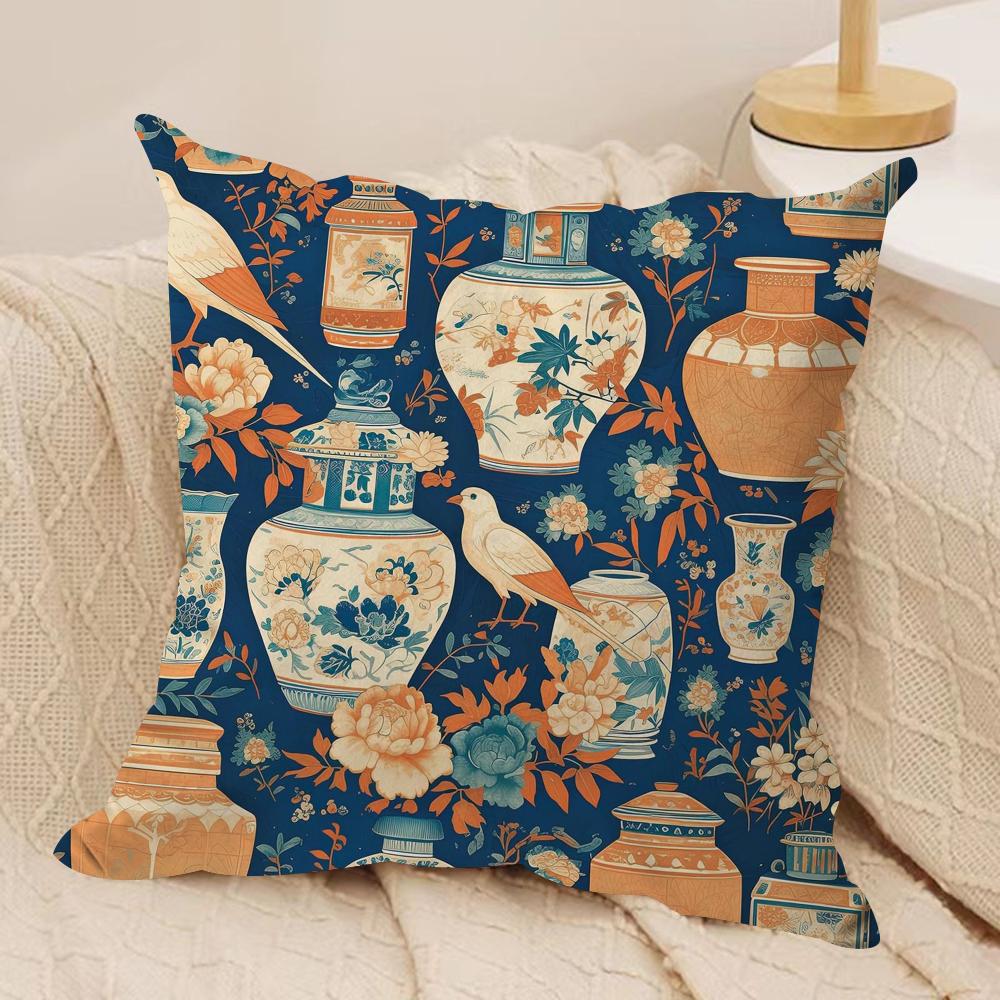 Classic Flowers Pattern Blue Cushion Cover Short Plush Doublesided Print Square Throw Pillow Covers Sofa Home Cushion Decor