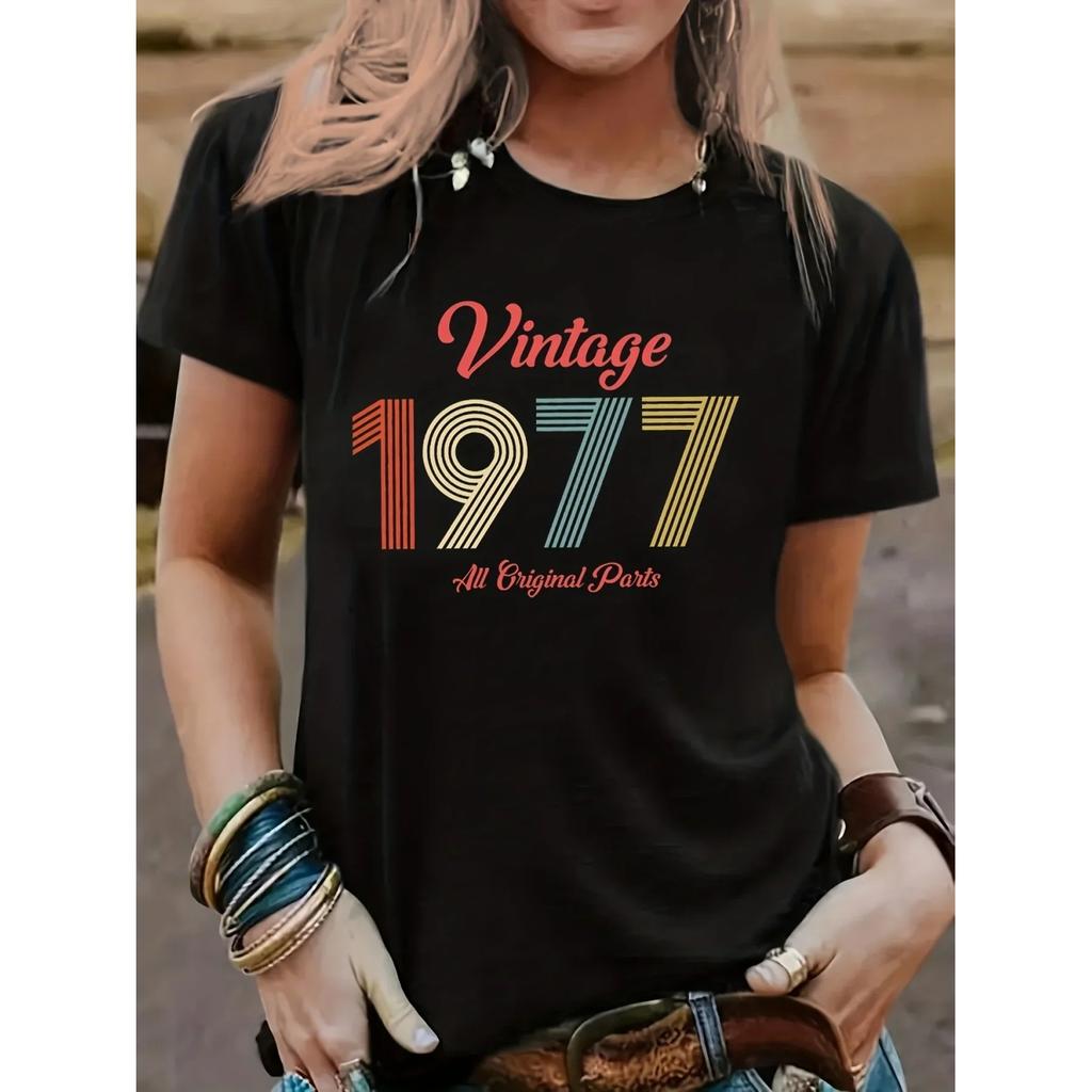 Camiseta Estampada Vintage 1977 para Mujer - Camiseta Casual de Manga Corta con Cuello Redondo para Mujer Ropa para Mujer