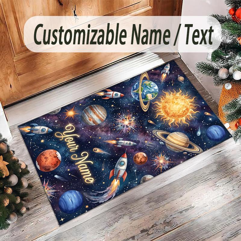 Cosmic Theme Crystal Velvet Floor Rug Personalized Custom Name Text Warm Carpet Home Decoration